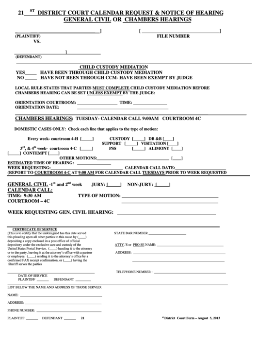 21st District Court Calendar Request And Notice Of Hearing For General