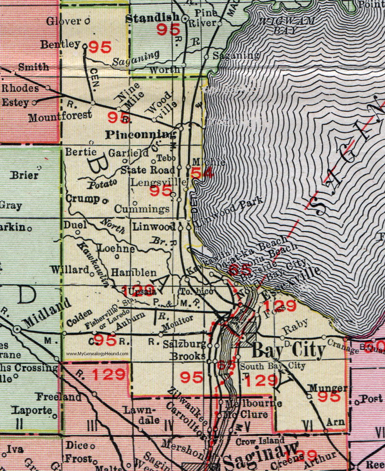 Bay County Michigan 1911 Map Rand McNally Bay City Pinconning 