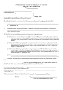 Complaint Form Circuit Court Of The State Of Oregon Printable Pdf