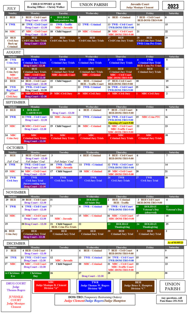 Court Calendar Union Parish Clerk Of Court