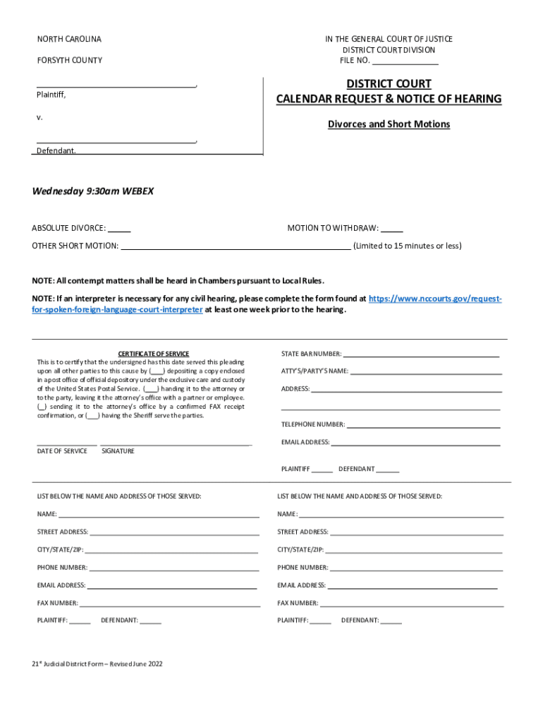 Fillable Online DISTRICT COURT CALENDAR REQUEST NOTICE OF Fax 