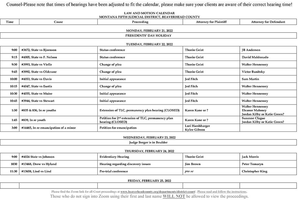 Montana District Court Calendar