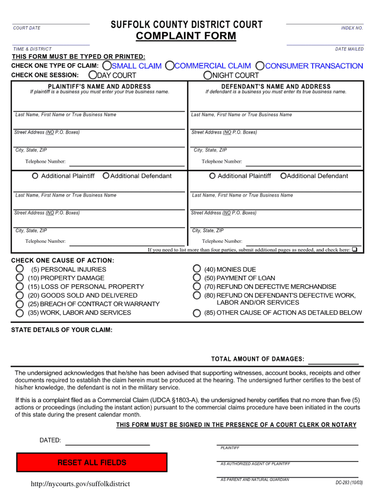 NY DC 283 2003 2022 Complete Legal Document Online US Legal Forms